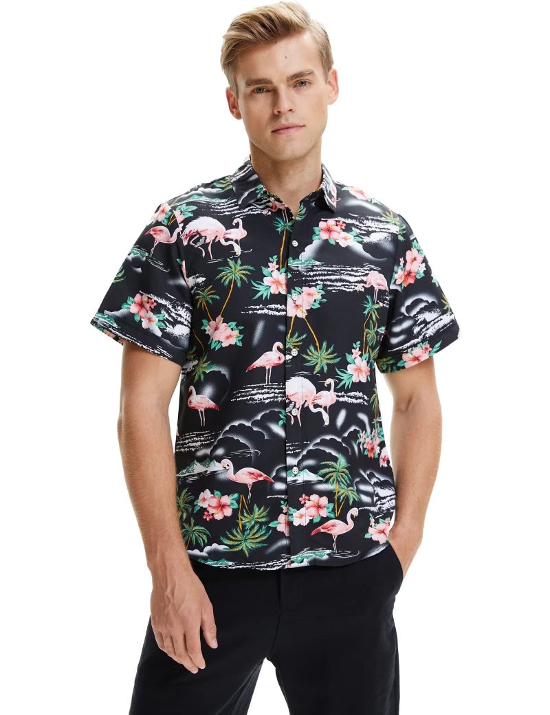 SSLR Mens Hawaiian Shirt Flamingos Casual Short Sleeve Button Down Shirts Aloha Shirt (Large, Black) - Image 1